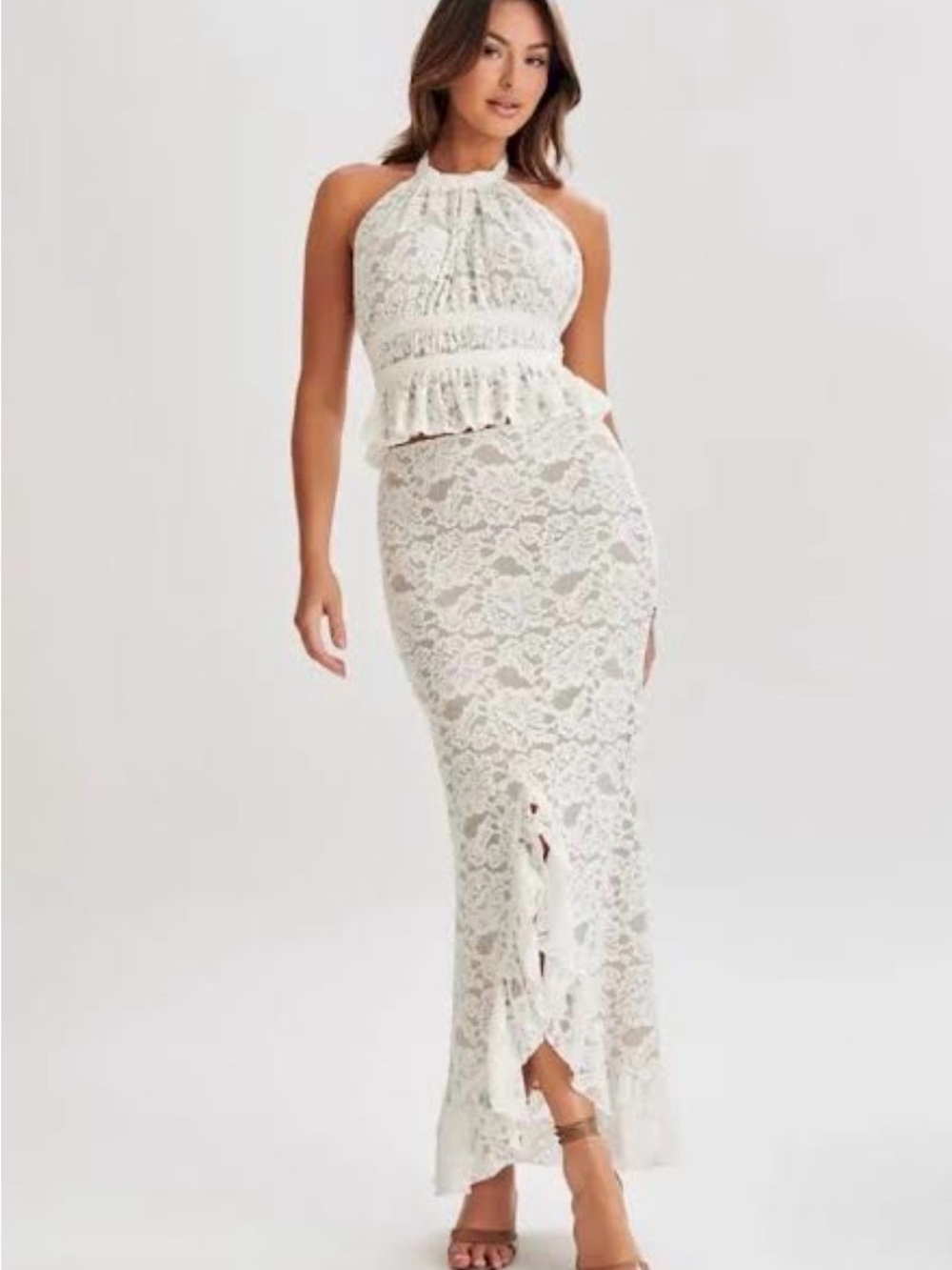 Meshki White Lace Halter Midi Dress